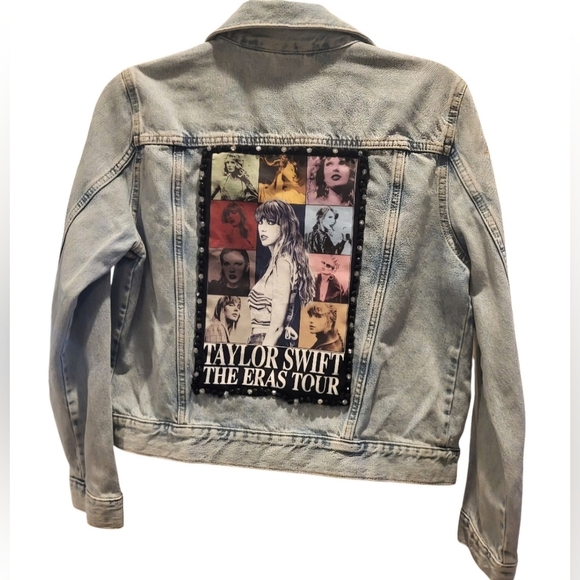 Custom Taylor Swift Eras Tour Upcycled Blue Denim Jean Jacket Beaded Size Med - Picture 1 of 9